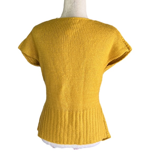 Anthropologie Escio Mustard Yellow Woven Knit Cap Sleeve V-Neck Sweater - S - Picture 4 of 12
